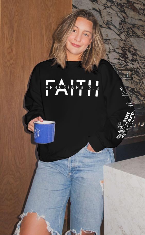 UNIQUEONE Christian Sweatshirt Women Faith Shirts: Jesus Sweatshirt Christian Religious Crewneck Long Sleeve Pullover Tops - color: Black, size: XX-Large
