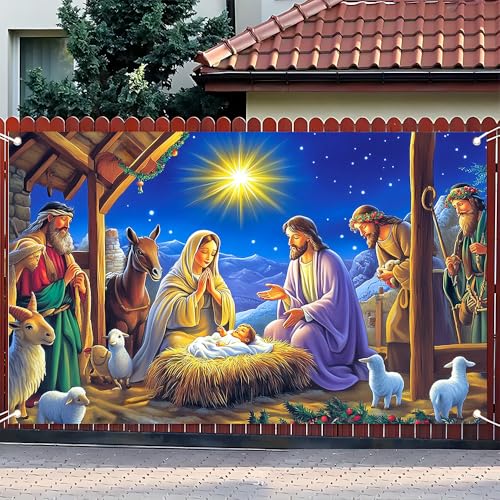 Nativity Backdrop 71x43 Christmas Manger Scene Banner for Church - color: ColorfulA33, size: 70.8 x 43.3 Inch