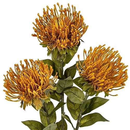 Hollyone 3Pcs Yellow Artificial Mums for Outdoors Fall Flowers Fake Fall Mums Spider Mum Flower 28.3'' Long Stem Faux Chrysanthemum Flower Arrangement Pincushion Bouquet Autumn Decorations for Home - color: Yellowish-orange