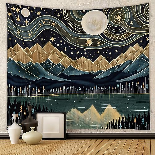 Tapzen Mountain Forest Boho Landscape Moon Stars Tapestry for Bedroom & Living Room (80 x 60 inches) - size: 80"L x 60"W