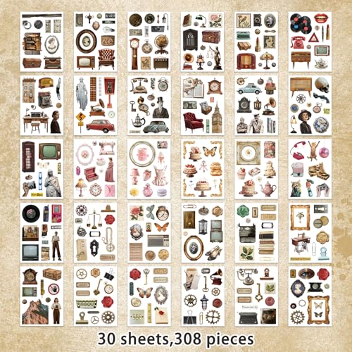 Bomichi Vintage Sticker Book, 30 Sheets 308 Pcs Aesthetics Stickers for Journaling Scrapbooking Bullet Journals Planners Letter Card Making - style: Vintage sticker book