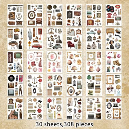 Bomichi Vintage Sticker Book, 30 Sheets 308 Pcs Aesthetics Stickers for Journaling Scrapbooking Bullet Journals Planners Letter Card Making - style: Vintage sticker book