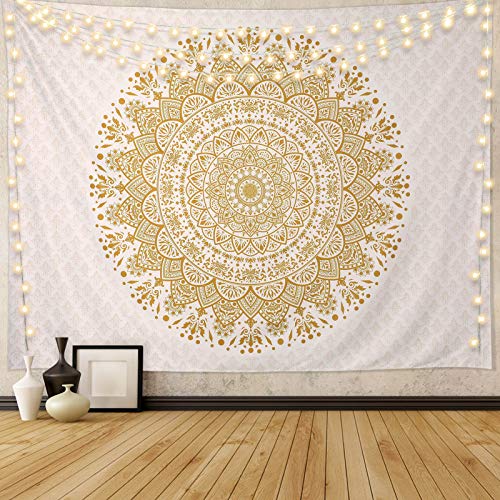 Edeesky White Golden Mandala Tapestry Wall Hanging Psychedelic Medallion Wall Tapestry Aesthetic Indian Hippie Decor Bohemian Art Boho Home Decoration for Bedroom,Living Room,Dorm - color: Mandala Tapestry-3, size: 59"L x 51"W