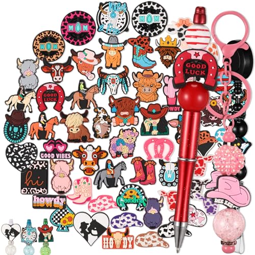 Tondiamo 60 Pcs Cowboy Silicone Focal Beads for Pens Funny Bulk Western Cowboy Cowgirl Character Bead for Beaded Pen Necklace Bracelet Charms Keychain Making Jewelry Making DIY Gifts - style: Cowboy