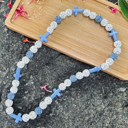 Baseball Bead Cross Necklace for Boys Kids, Elastic Rhinestone Bling Necklace Drip Gifts for Teens Players - color: Blue Cross/White/Teal Blue