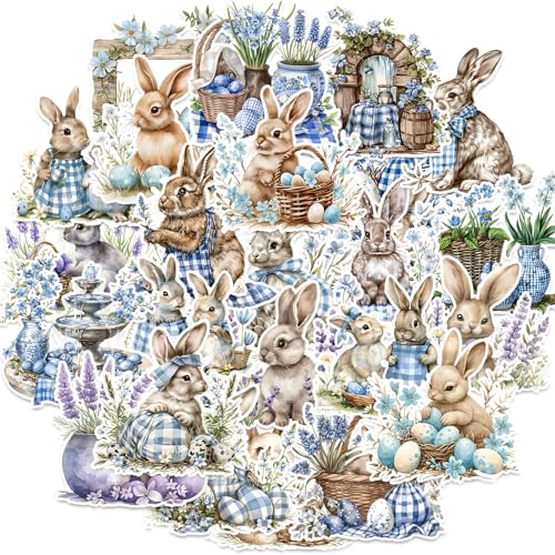 100 Pcs Easter Bunny Stickers - Watercolor Rabbit & Blue Gingham Pattern, 100 Piece Set for Easter Basket Stuffers, Party Favors, Crafts & Spring Decorations - color: Easter Bunny, style: Art Deco