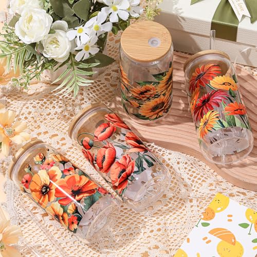 Mumufy 4 Pack Oil Flower Glass Cup, 16 oz Tumbler Mug with Bamboo Lid - style: Oil Flower