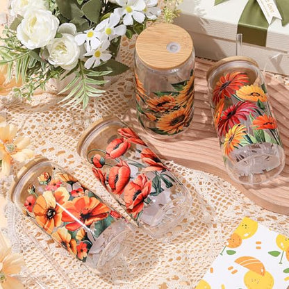 Mumufy 4 Pack Oil Flower Glass Cup, 16 oz Tumbler Mug with Bamboo Lid - style: Oil Flower