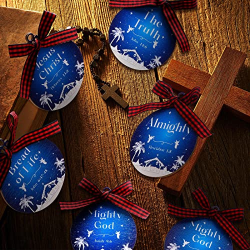 24 Pcs Names of Jesus Wooden Christmas Ornament, Blue and White, Round - color: Blue and White