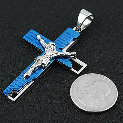 HZMAN Men's Stainless Steel Cross Crucifix Bible Prayer Pendant Necklace - color: Blue