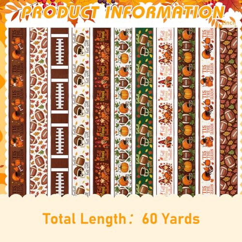 12 Rolls Fall Football Wired Edge Ribbon for Wreaths 2 Inch x 60 Yards Maple Leaves Pumpkin Football Print Ribbon Crafts for Thanksgiving Harvest Party Decorative Supplies, 12 Styles - style: Fall Football