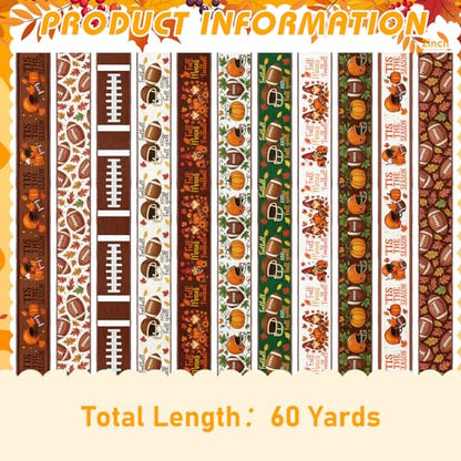 12 Rolls Fall Football Wired Edge Ribbon for Wreaths 2 Inch x 60 Yards Maple Leaves Pumpkin Football Print Ribbon Crafts for Thanksgiving Harvest Party Decorative Supplies, 12 Styles - style: Fall Football