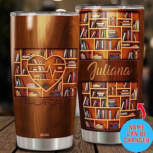 WAZONE Personalized Book Lover Tumbler Cup With Lid 20oz 30oz Custom Name Double Wall Vacuum Insulated Travel Coffee Mug for Women Girls Reading Librarian Customized Gifts Inspirational - color: Bookshelf