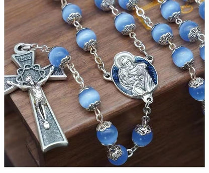 Rosary Beads Catholic for Woman - Italy 8-9mm AAA+ Natural Blue Cat Eyes Gemstone Rosary Beads.