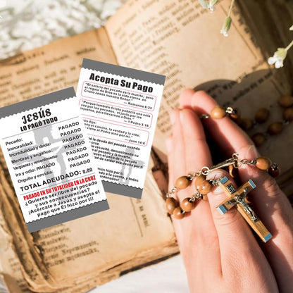 200 Pcs “Jesus Paid It All” Spanish Gospel Tract Cards – Double-Sided Christian Evangelism Cards with Sin Receipt Design, Bible Verse Postcards for Faith Sharing and Outreach