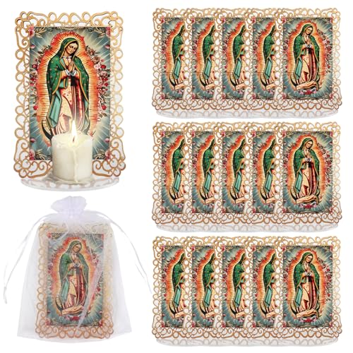 15 Set Our Lady of Guadalupe Acrylic Statues Virgen De Guadalupe Picture Frames with Organza Gift Bags Baptism Favors for Guests Baptism Centerpieces for Table First Communion Gifts Catholic Favors