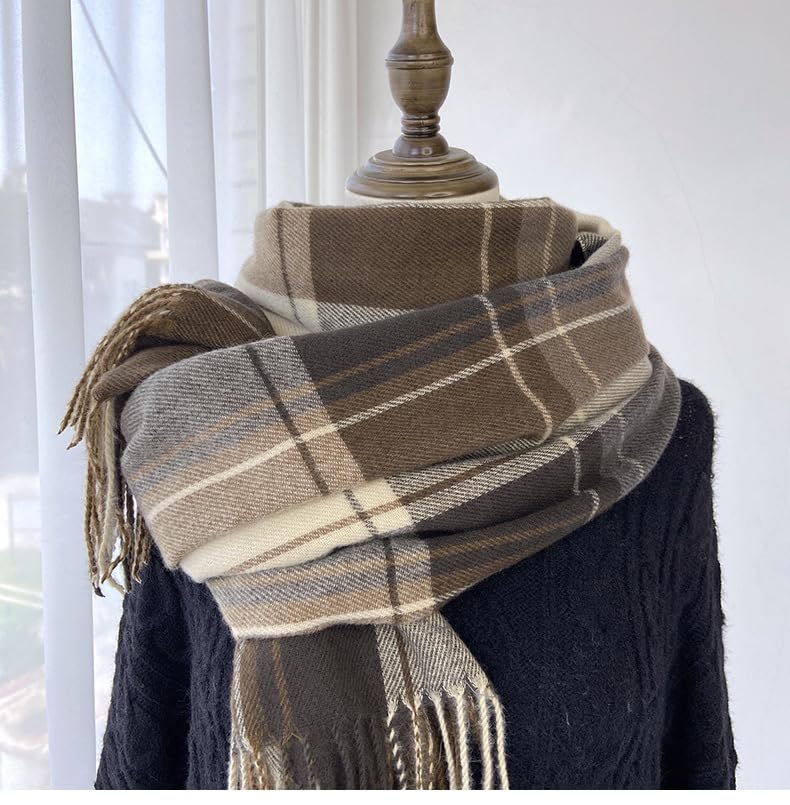 Fall Winter Plaid Scarf for Women Soft Tassel Scarves Oversized Shawl Wraps - color: Coffee-plaid