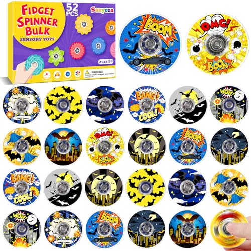 52 Pack Bat Party Favors Fidget Spinner for Kids Birthday, Hero Theme Fidget Spinner Bulk for Classroom Rewards, Goodie Bag Stuffers, Black Stylish Mascot Party Supplies - color: Tl-sa-3-black