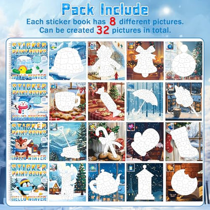 4Pcs Winter Paint by Sticker Books Hello Winter Sticker by Number Books Activity Book Puzzle Book Craft Art Toddler Gift with Igloo Snowman Penguin Squirrel 32 Pictures - style: Hello Winter