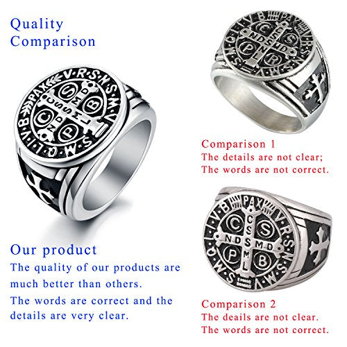 LAOYOU Men's St Benedict Exorcism Ring Stainless Steel Catholic Roman Cross Demon Protection Ghost Hunter