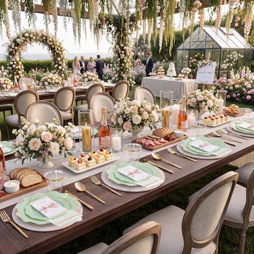 WDF 175Pcs Sage Green Plastic Plates With Gold Rim - Disposable Sage Green Plates 25guest Disposable Dinnerware Ideal for Party/Wedding/Holidays - color: Sage Green, size: 175 pieces