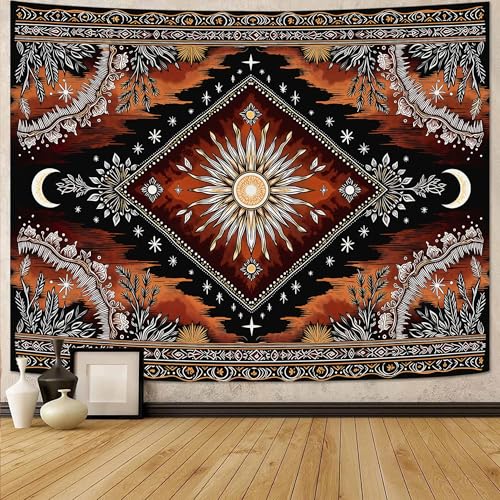 Accnicc Hippie Sun and Moon Tapestry Boho Mandala Floral Wall Tapestry for Bedroom Aesthetic Vintage Plant Celestial Dark Brown Small Tapestries Wall Hanging for Dorm Living Room Decor 48 x 36 Inch - color: Dark Brown, size: 48"L x 36"W