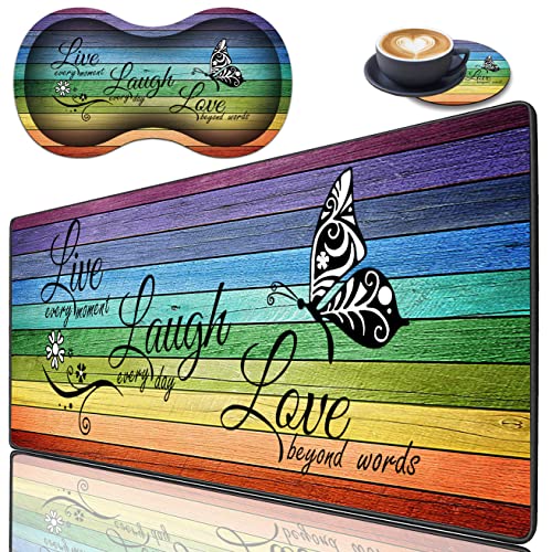 3 Piece Mouse Pad Set with Stitched Edge Large Anti-Slip Mouse Pad Desk Pad Keyboard Pad + Wrist Rest Pad + Coaster, Memory Foam Wrist Rest for Office/Home, Glitter Quote Live Laugh Love - color: HTT-H3-Mouse 010