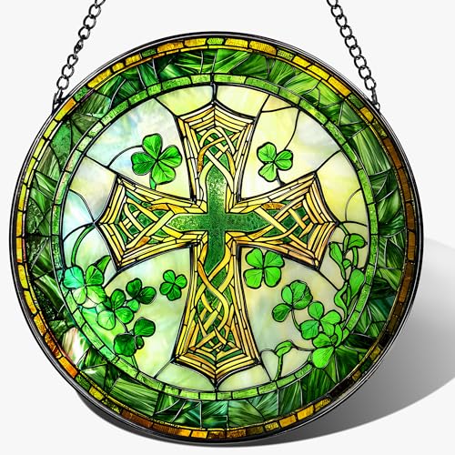 8'' St. Patrick's Day Cross Stained Glass Suncatcher Ornament, Stained Glass Window Hanging, Irish Decor, Patrick Day Decor, Irish Shamrock Gift, Cross Gifts, Religious Gifts, Christian Gift - color: Cross-b