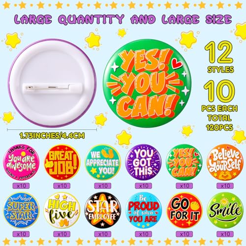 Yinkin 120 Pcs Employee Recognition Pin 1.7'' Appreciation Button Pin Bulk Large Positive Badge Team Motivational Inspirational Reward Badge for Office School Teacher Worker Encouraging Gift,12 Style