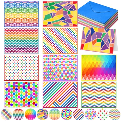 Motiskyy 50 Pcs Blank Greeting Cards 4x6, Blank Cards with Envelopes, 10 Designs, Ideal Stationary Set for All Occasions, Stationary with Matching White Envelope and Sticker (Bright Patterns) - style: Bright Patterns