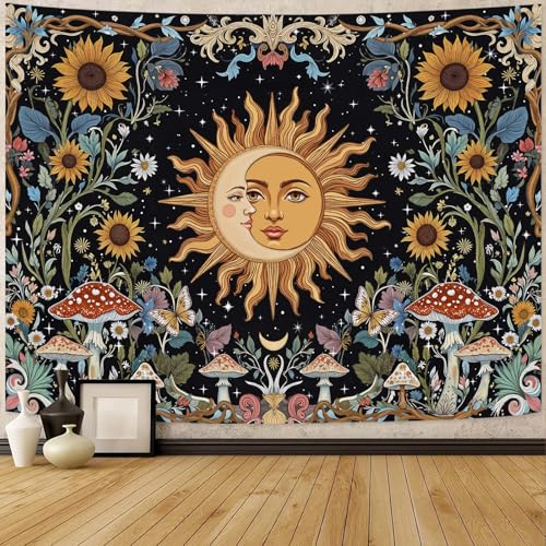Fungarth Sun and Moon Tapestry Hippie Mushroom Boho Floral Wall Tapestry for Bedroom Aesthetic Vintage Sunflower Celestial Large Tapestries Wall Hanging for Living Room Dorm 80 x 60 Inch - color: Sunflower Mush, size: 80"L x 60"W