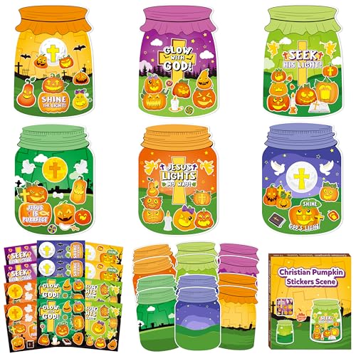 CY2SIDE Pumpkin Religious Jar Scene Sticker - 12 Set Halloween Christian Cross Sticker, Make a Pumpkin Jar Scene for Sunday School Rewards Activities - style: Pumpkin jar