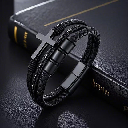 Multi-Layer Braided Leather Bracelets Mens Cross Leather Bracelet Wristband Religious Leather Bracelets Men Customized Gifts - color: black, size: 9