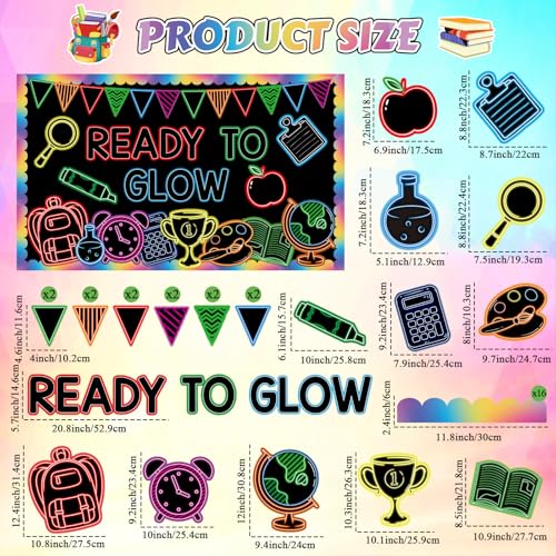 Welcome Back to School Bulletin Board Decorations Ready to Glow Inspirational Classroom Bulletin Board Neon Style Paper Cutouts for First Day of School Office Home Teacher Classroom Wall Supplies - style: Classroom Neon Style