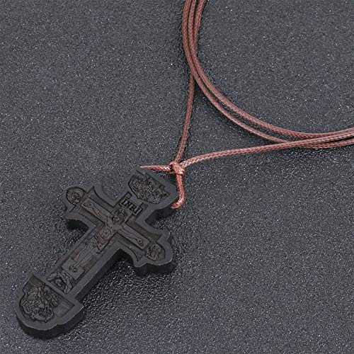 COTTVOTT Wood Orthodox Cross Pendant Necklace Christian Crucifix Necklace Prayer Jesus for Women Men - style: D-Black Color