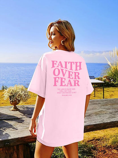 BANGELY Faith Over Fear Shirt Women Graphic Shirts Oversized Workout Gym Christian Religious Tees Drop Shoulder Tee Tops - color: B-pink, size: Large