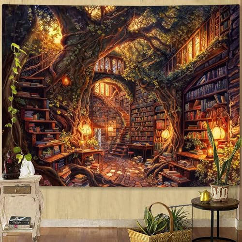 Accnicc Forest Library Tapestry Tree Bookshelf Tapestries Wall Hanging Vintage Fantasy Fairy Treehouse Book Large Tapestry for Bedroom Living Room Dorm Classroom 60 x 44 inch - color: Brown Gold, size: 60"L x 44"W