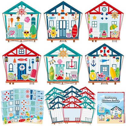 CY2SIDE Summer Seahouse Scene Sticker - 12 Set Hawaiian Luau Sticker Art Craft for Kids School Rewards Make Your Own Starfish Surfboard Ocean House Scene Games Activities Summer Party Favors Supplies - style: Sea house