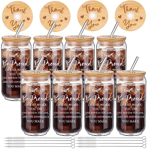 Tioncy 8 Pcs Employee Gifts 16oz Proud Glass Cups Bamboo Lid Straw - style: Proud