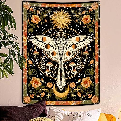Aipon Orange Moth Tapestry Boho Retro Floral Flowers Tapestries Aesthetic Vintage Mushroom Tapestries Bedroom Indie Vertical Tapestry Wall Hanging for Living Room Dorm (60.00'' × 80.00'', Orange) - color: Orange, size: 80"L x 60"W