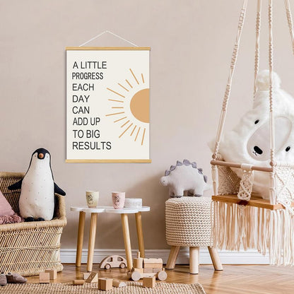 BAEMEFLE Positive Affirmations Inspirational Sunshine Wall Art, Boho Classroom Decor, Therapy Office & Classroom A Little Progress Each Day Add Up to Big Results Motivational Poster Hanger Frame for Kids Room Nursery Playroom Decor, 12x16 Inch (sun, 16"L