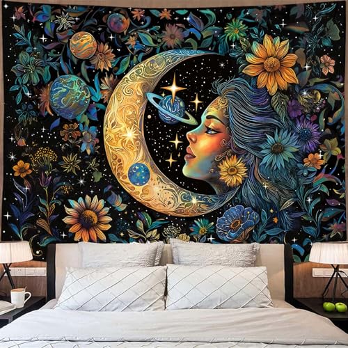 Accnicc Sun and Moon Tapestry for Bedroom Hippie Boho Floral Flower Plant Wall Tapestry Aesthetic Vintage Celestial Spiritual Extra Large Tapestries Wall Hanging for Living Room Dorm 90 x 68 Inch - color: Teal Gold, size: 90"L x 68"W