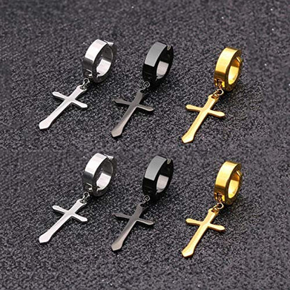Non-pierced Earrings Set for Men Women Cross Titanium Steel Hoop Dangle Clip On Earring - style: set of 3 pairs