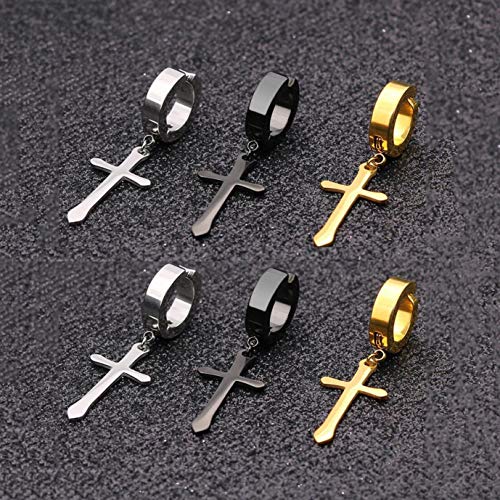 Non-pierced Earrings Set for Men Women Cross Titanium Steel Hoop Dangle Clip On Earring - style: set of 3 pairs