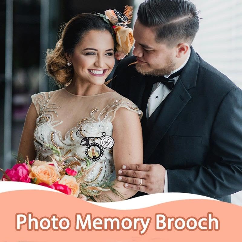 Wedding Double Picture Frame Brooch for Bride Grooms Boutonniece Pin for Wedding Bouquet - color: Black engraved