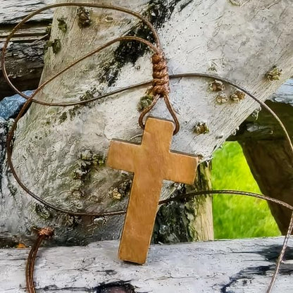 Kim Carrey Handmade Natural Solid Wood Cross Necklace Pendant - style: Flat comes with a rope chain