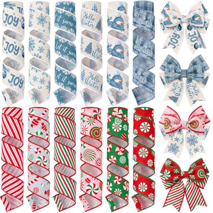 12 Rolls 60 Yards Christmas Winter Wired Ribbons for Wreath Bow - style: Christmas