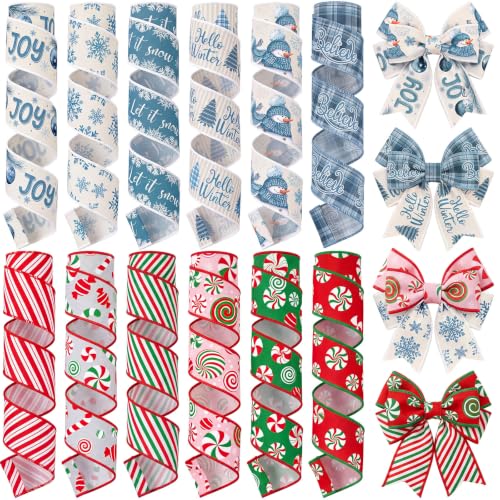 12 Rolls 60 Yards Christmas Winter Wired Ribbons for Wreath Bow - style: Christmas