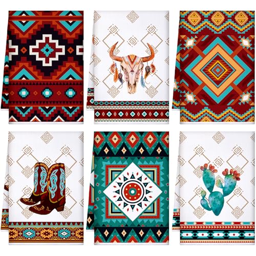Boyiee Set of 6 Southwestern Kitchen Towels Boho Aztec Theme Dishcloth - color: Western