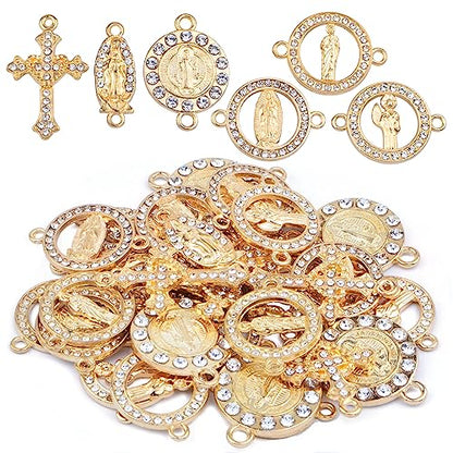 30pcs Golden Alloy Mixed Rhinestone Religious Cross and Center Miraculous Medal Charms Our Lady Virgin Mary Jesus Pendant Links for DIY Rosary Beads Necklace Jewelry Making, 6 Styles